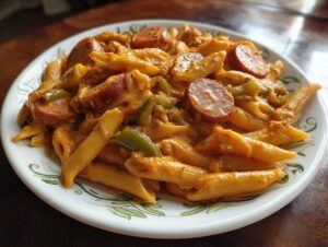 A close-up of a plate of creamy cajun sausage pasta featuring penne, sliced andouille sausage, and green bell peppers.