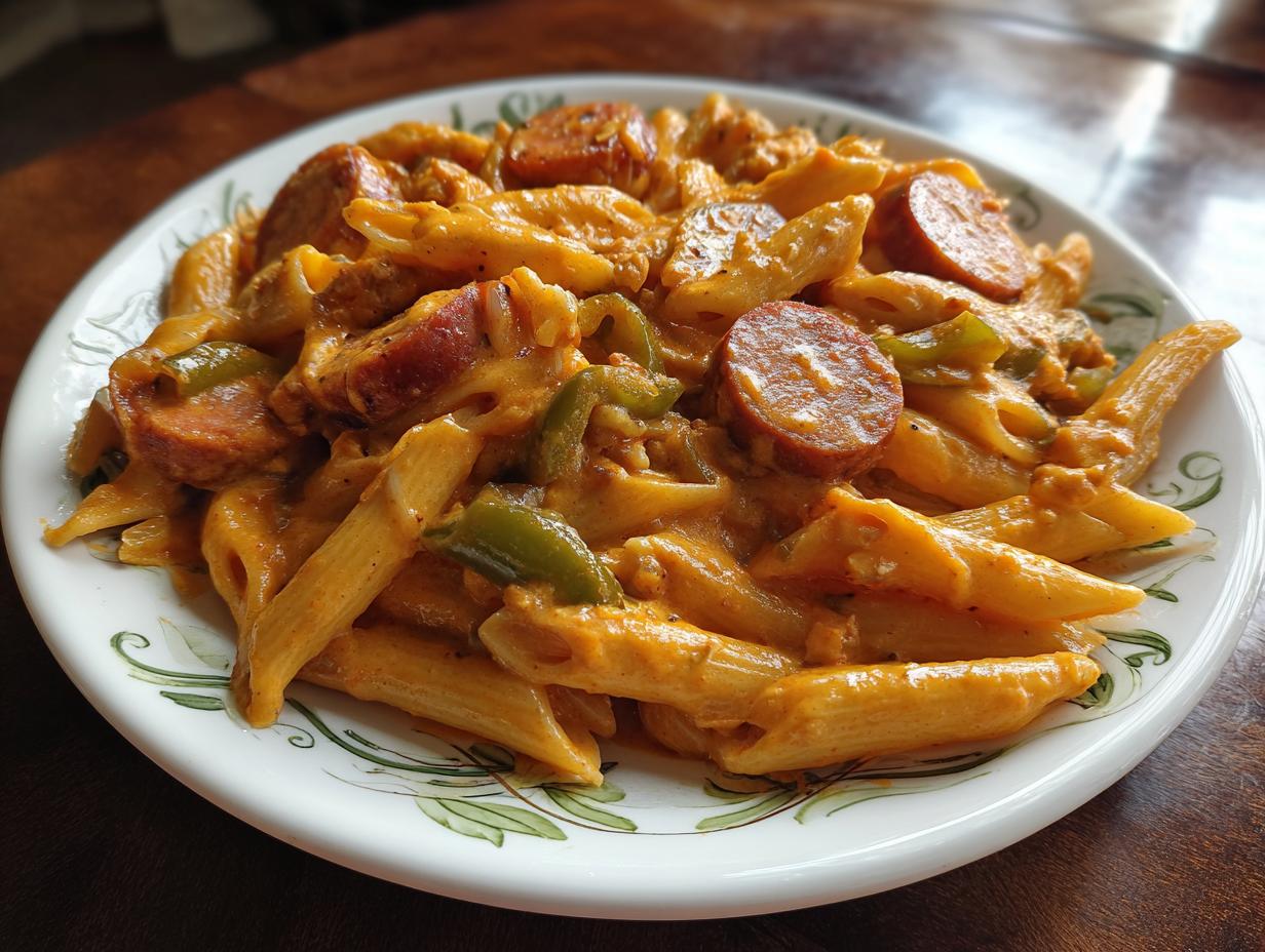 A close-up of a plate of creamy cajun sausage pasta featuring penne, sliced andouille sausage, and green bell peppers.