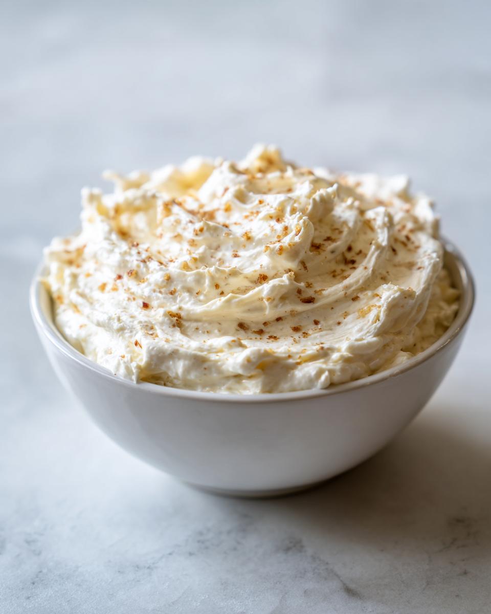 A close-up of a white bowl filled with fluffy, creamy caramelized onion dip, topped with browned bits.