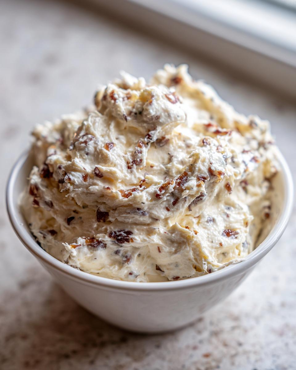Close-up of creamy, textured onion dip mixed with caramelized bits served in a small white bowl.