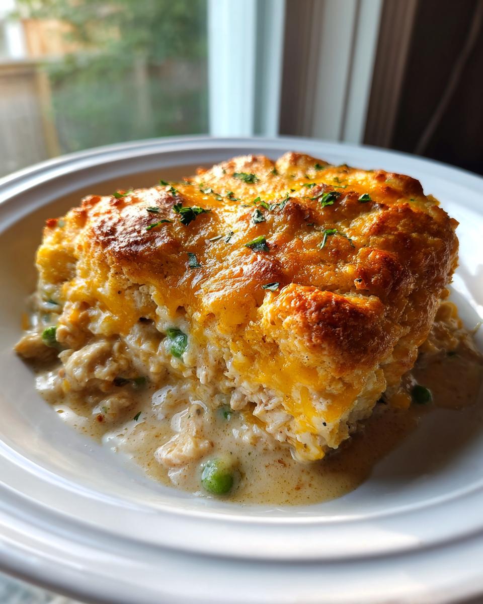 A hearty serving of creamy chicken cobbler topped with golden biscuits and melted cheddar cheese.