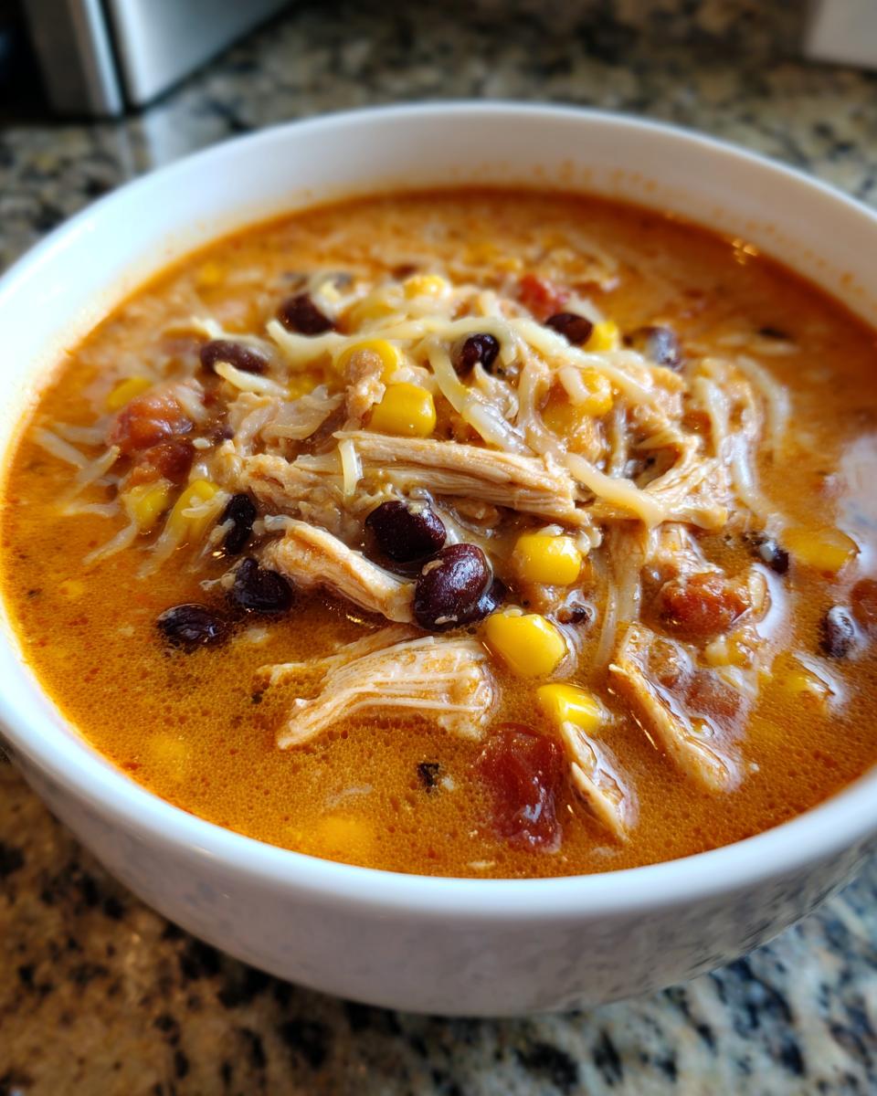 Close-up of a bowl of creamy chicken enchilada soup topped with shredded chicken, corn, black beans, and melted cheese.