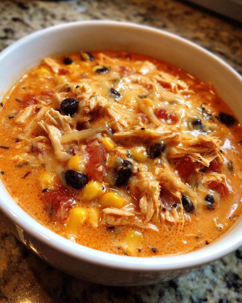 Close-up of a white bowl filled with creamy chicken enchilada soup, featuring shredded chicken, corn, black beans, and melted cheese.