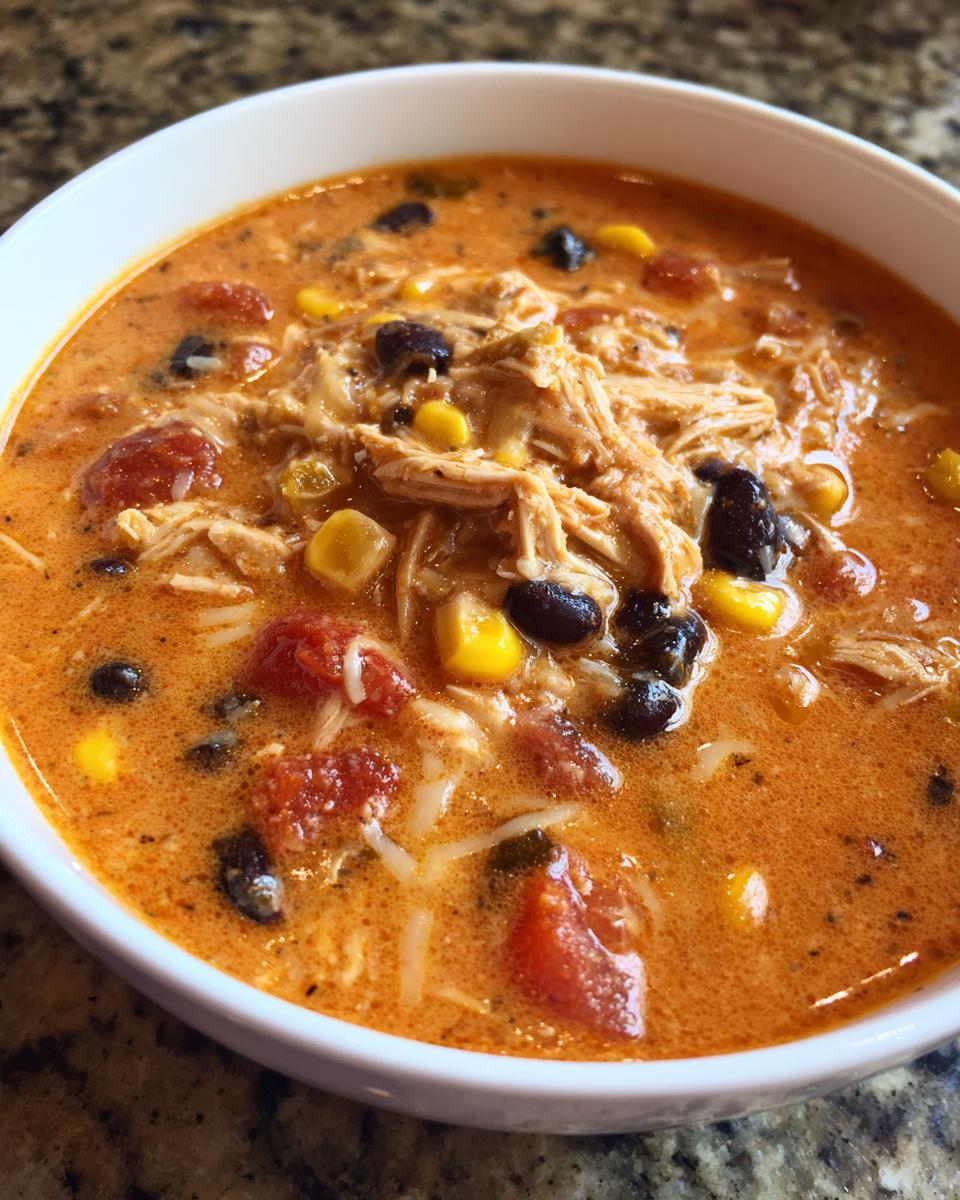 Close-up of a white bowl filled with creamy chicken enchilada soup, featuring shredded chicken, corn, black beans, and tomatoes.
