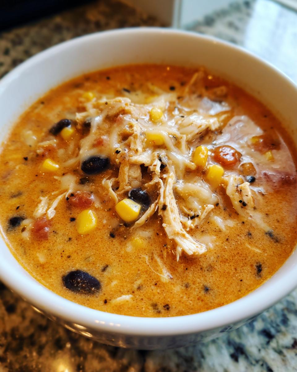 Close-up of a white bowl filled with creamy chicken enchilada soup, topped with shredded chicken, corn, black beans, and melted cheese.