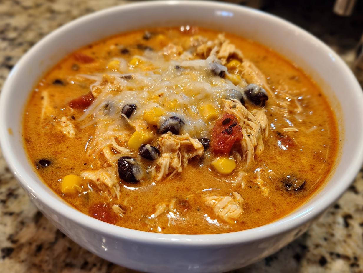 Close-up of a white bowl filled with rich, orange creamy chicken enchilada soup topped with shredded chicken, black beans, corn, and melted cheese.