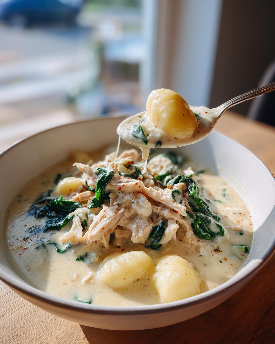 A spoonful of creamy chicken gnocchi soup is lifted from a bowl, showing tender gnocchi and shredded chicken.