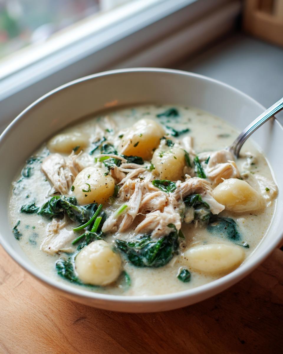 Close-up of a bowl of creamy chicken gnocchi soup, featuring tender gnocchi, shredded chicken, and wilted spinach.