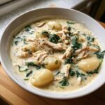 A close-up of a creamy chicken and spinach gnocchi soup served in a white bowl.