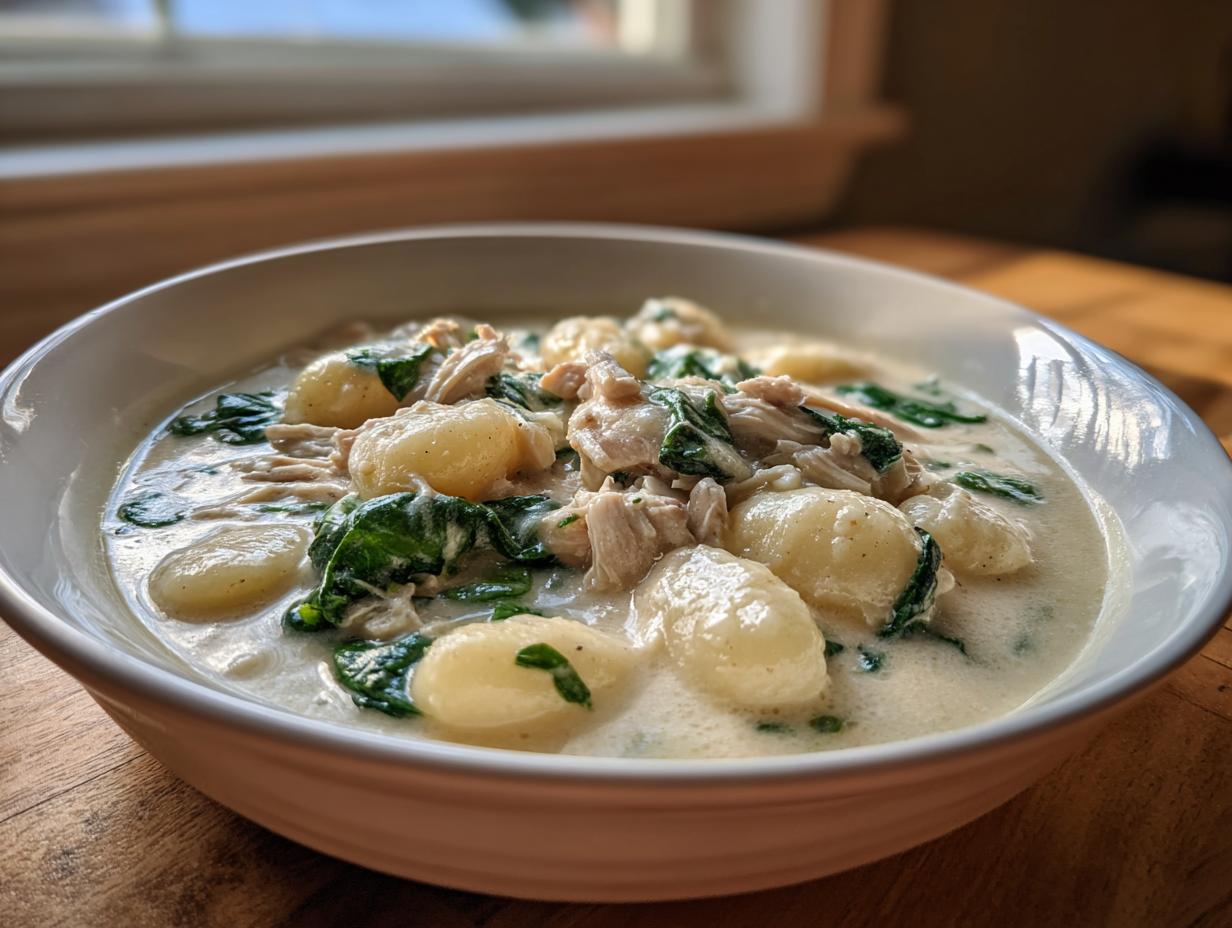 A close-up of a white bowl filled with creamy chicken and spinach gnocchi soup, served on a wooden surface.