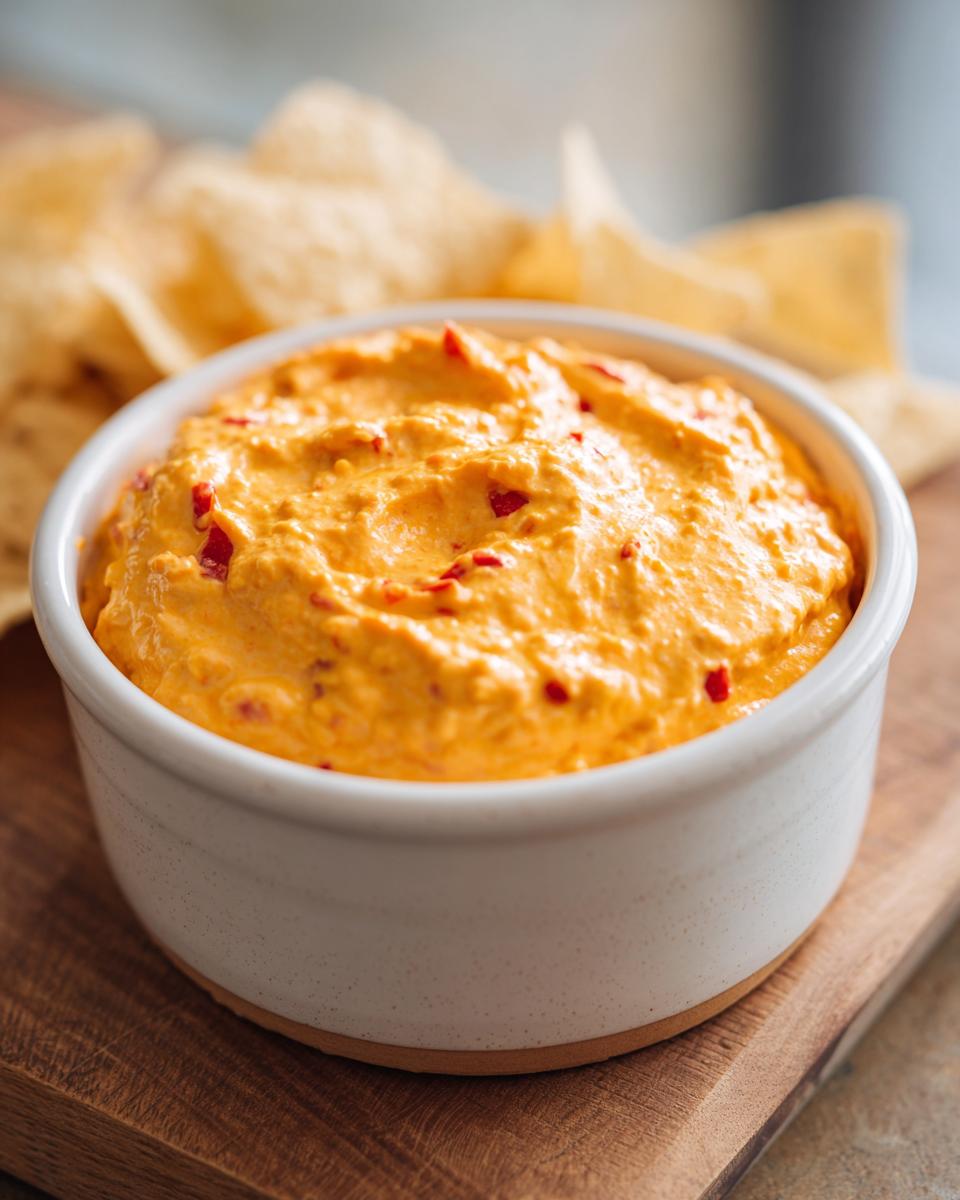 A close-up of vibrant orange cottage cheese queso dip topped with red pepper pieces, served with tortilla chips.
