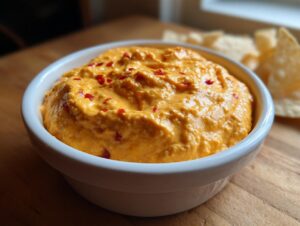 A close-up of bright orange, creamy cottage cheese queso dip topped with red pepper flakes, served in a white bowl.