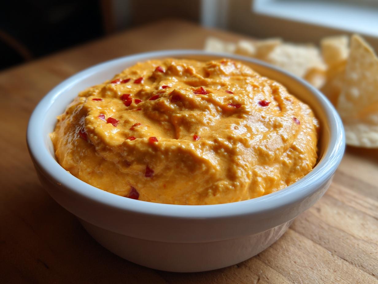 A close-up of bright orange, creamy cottage cheese queso dip topped with red pepper flakes, served in a white bowl.