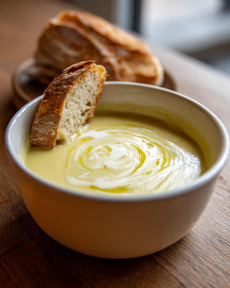 A close-up of creamy garlic soup garnished with olive oil swirls, served with a slice of crusty bread dipping in.
