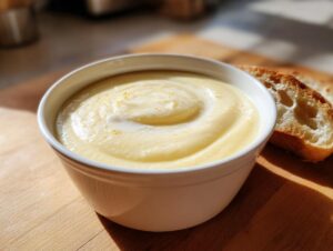 A close-up of a creamy, pale yellow garlic soup, swirled with cream, served with toasted bread slices.