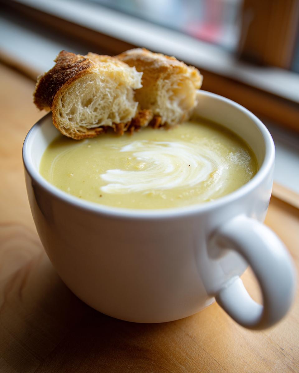 A close-up of creamy garlic soup topped with a swirl of cream, served in a white mug with crusty bread.