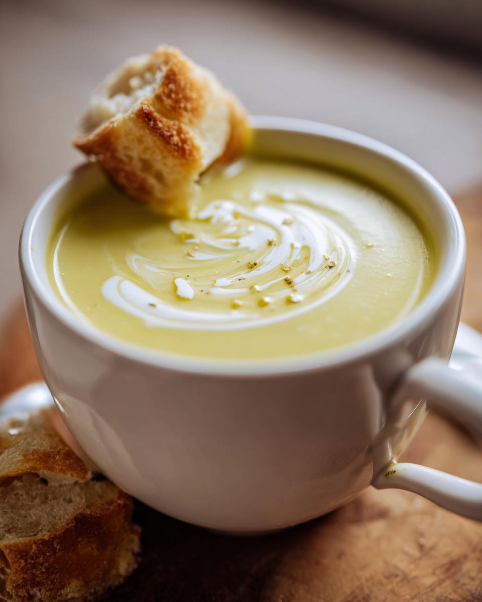 Close-up of a creamy, yellow garlic soup in a white mug, drizzled with oil and served with crusty bread.