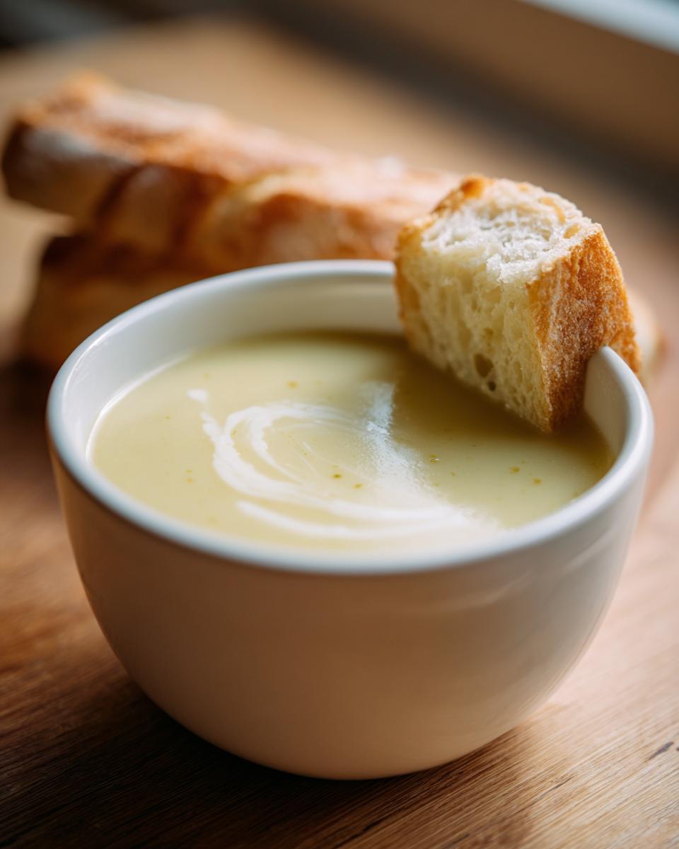 A close-up of a bowl of creamy garlic soup, with a piece of crusty bread dipped into it.