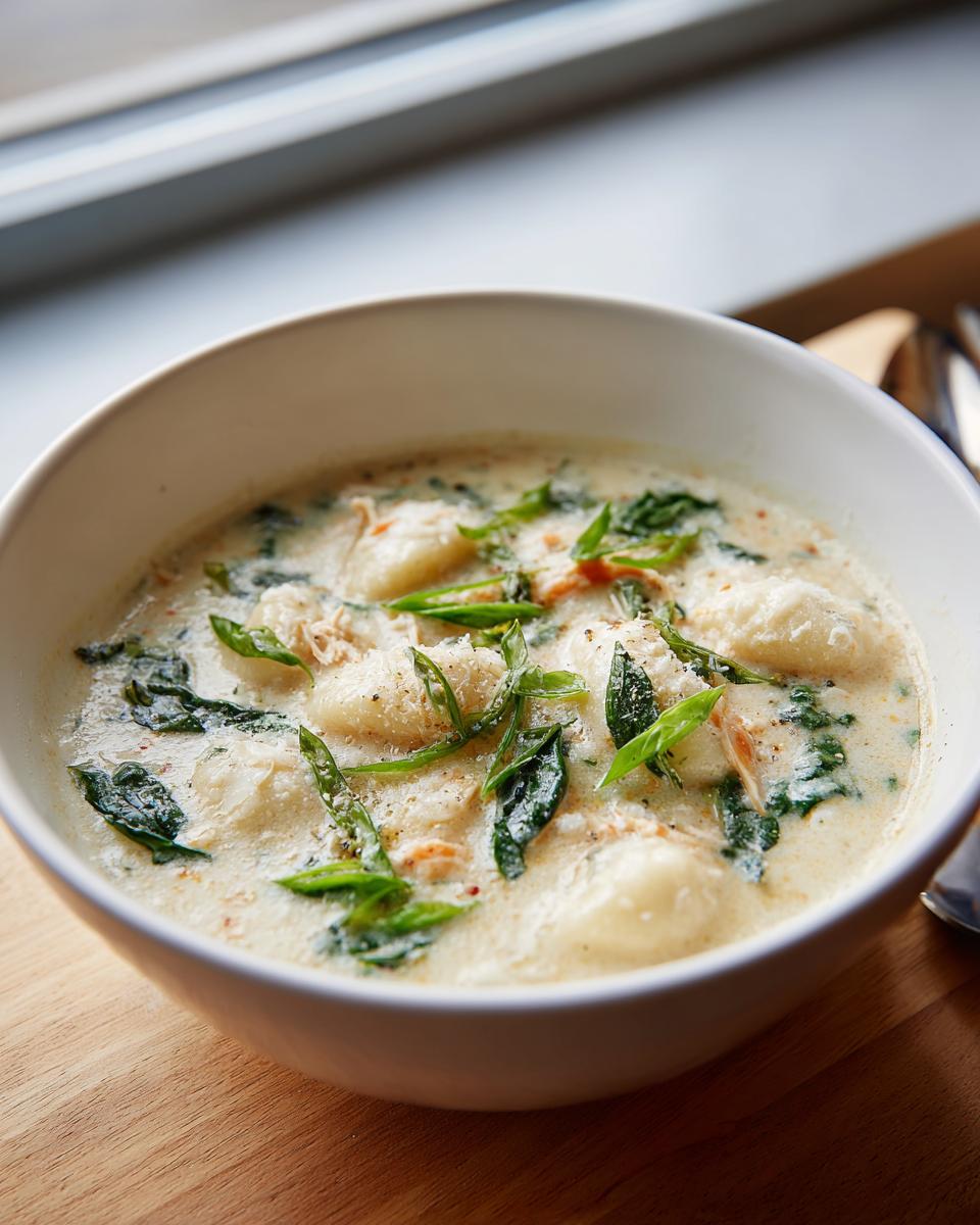 Close-up of a white bowl filled with creamy gnocchi soup, featuring soft gnocchi, spinach, and grated cheese.