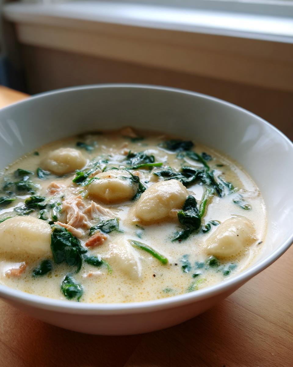 Close-up of a white bowl filled with creamy gnocchi soup, featuring soft gnocchi dumplings and wilted spinach.