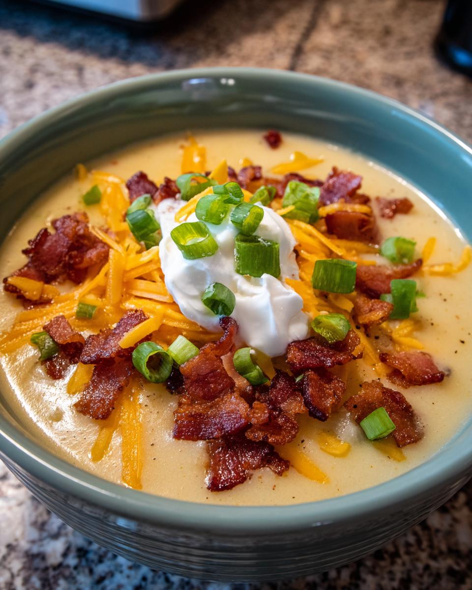 Close-up of a bowl of creamy loaded baked potato soup topped with shredded cheddar, bacon bits, sour cream, and green onions.