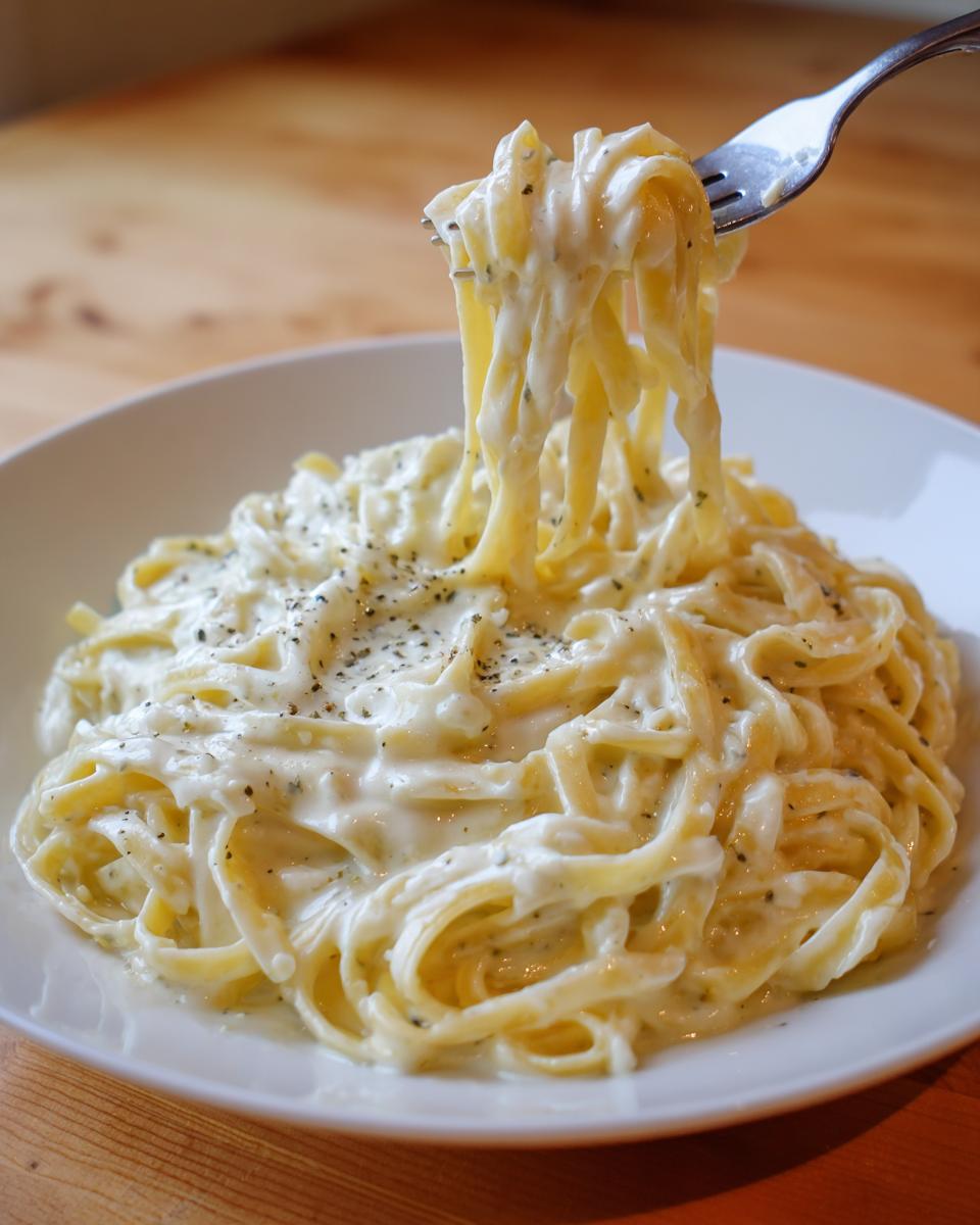 A fork lifting creamy fettuccine noodles coated in rich olive garden alfredo sauce, topped with black pepper.