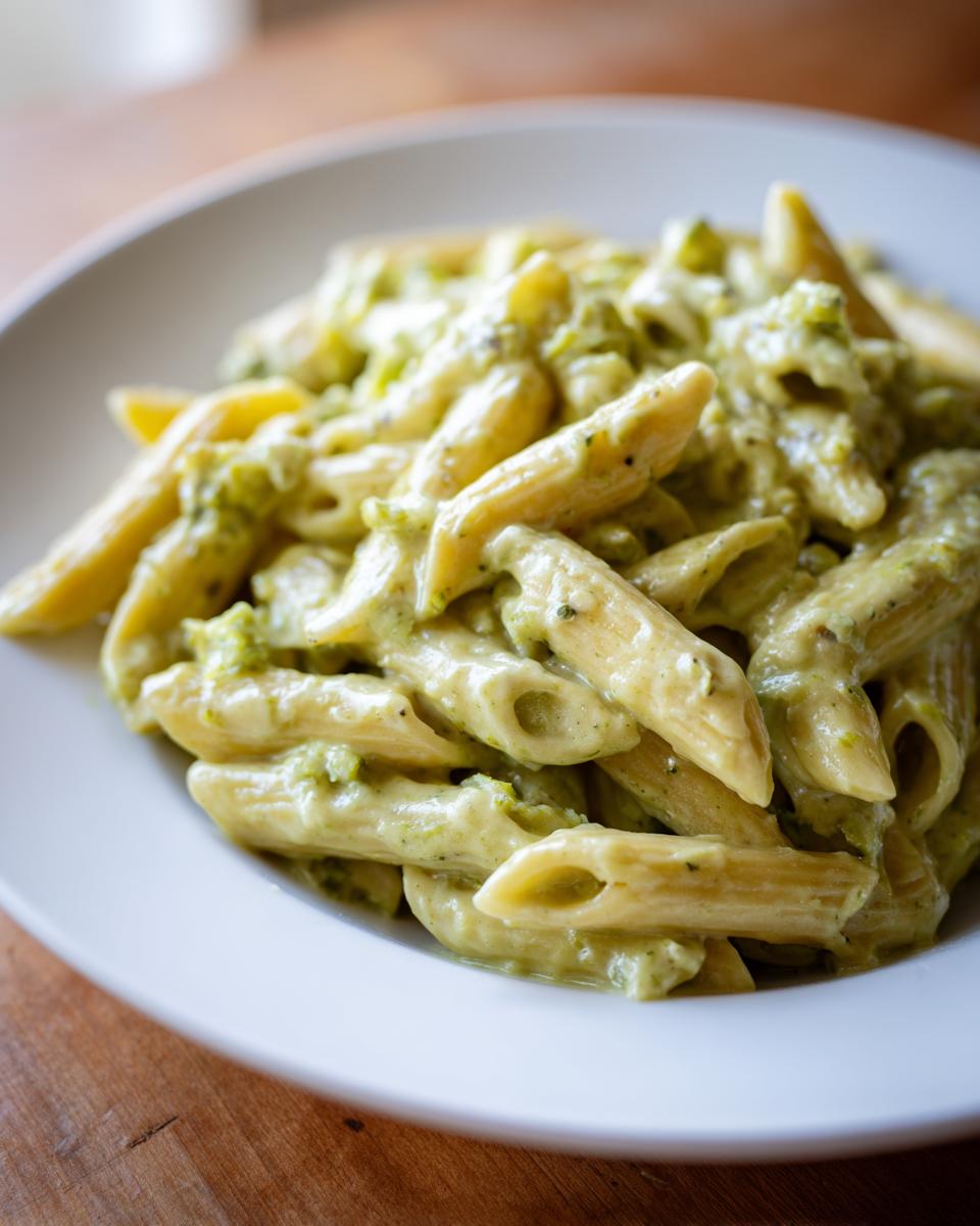 Close-up of creamy penne pasta coated in a rich green sauce featuring chunks of broccoli, a perfect broccoli pasta dish.