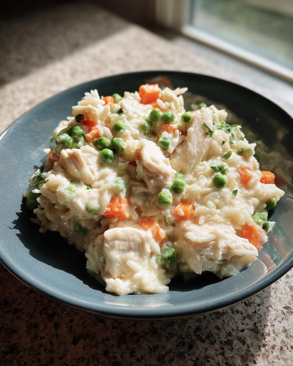 A close-up of creamy one pot chicken and rice mixed with bright green peas and diced carrots, served in a blue bowl.