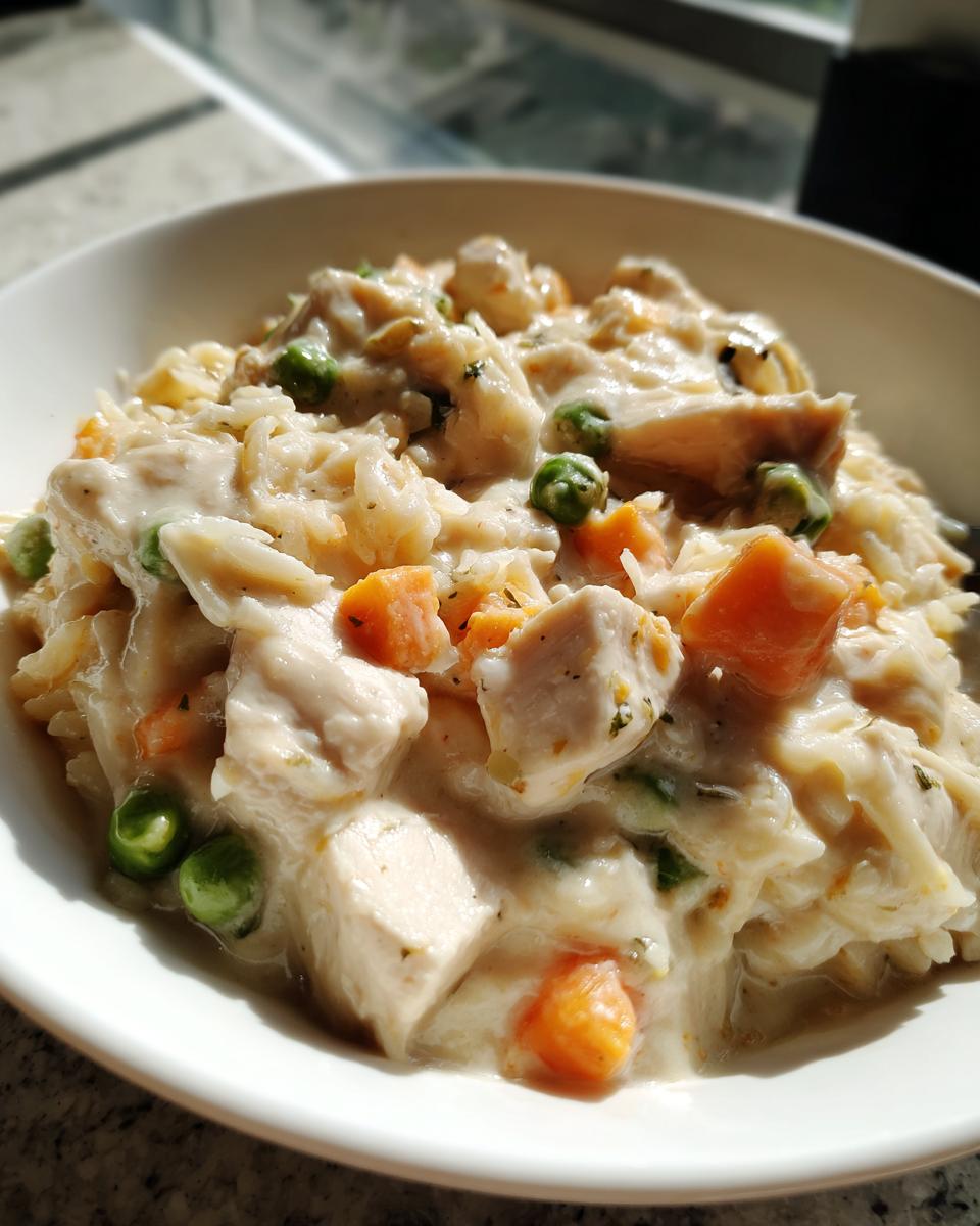 Close-up of creamy one pot chicken and rice with peas and carrots served in a white bowl.