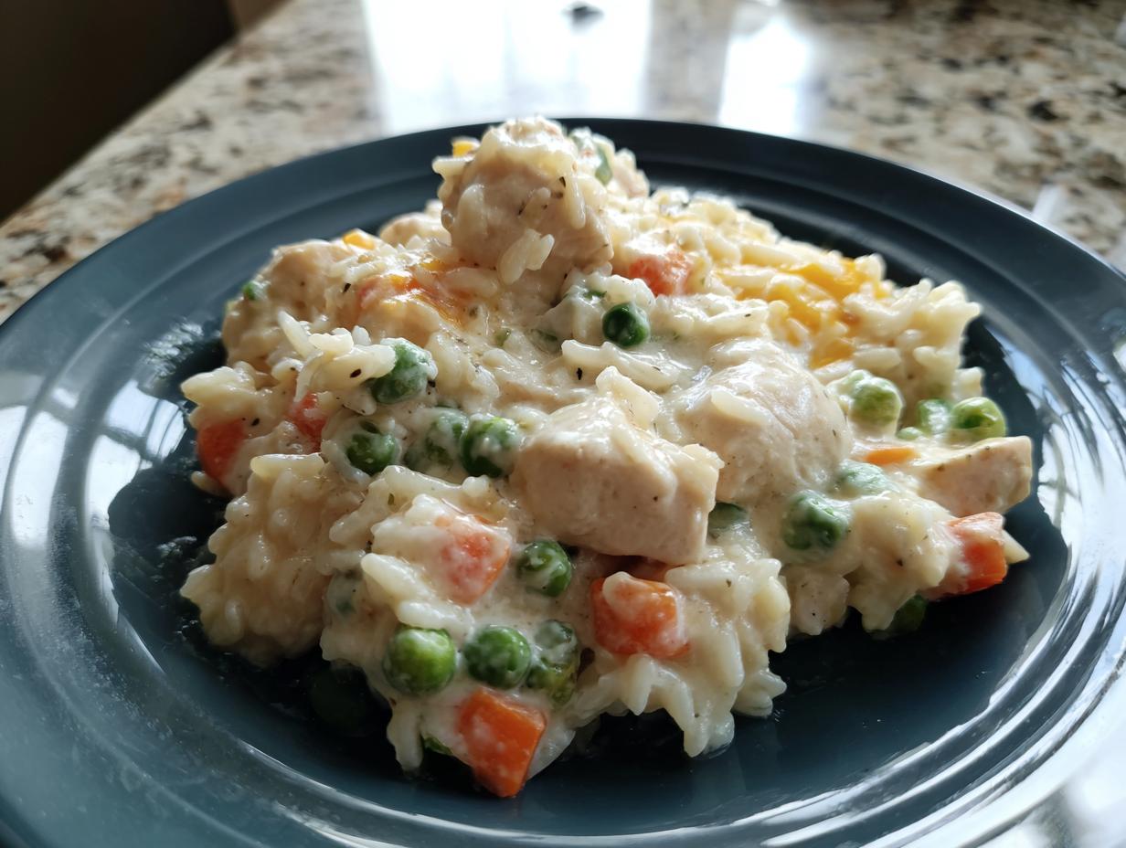 A close-up serving of creamy one pot chicken and rice mixed with peas and carrots on a dark blue plate.