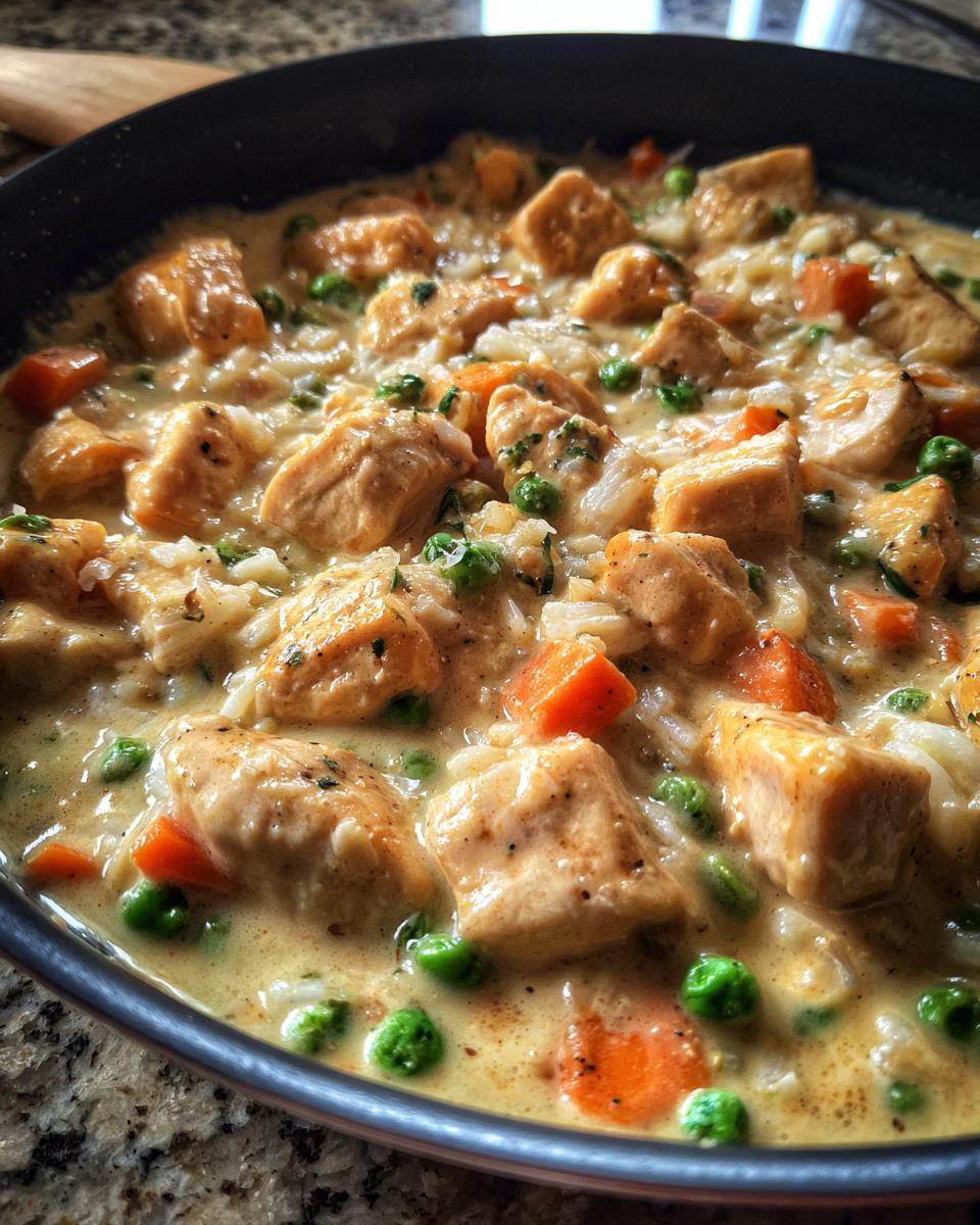 Close-up of creamy one pot chicken and rice dish with visible chunks of chicken, peas, and carrots in a skillet.