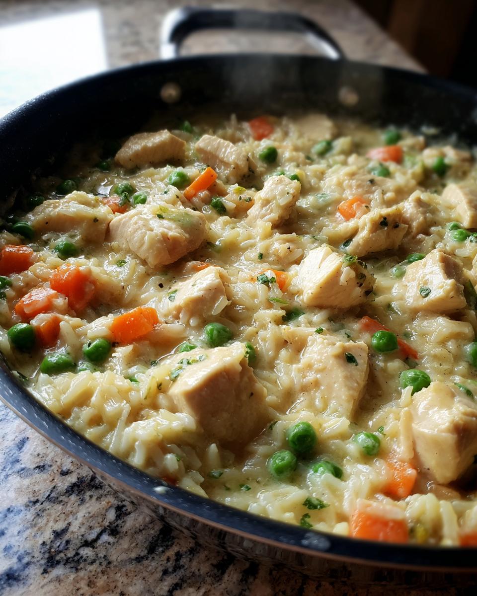 Close-up of creamy one pot chicken and rice dish with peas and carrots steaming in a black skillet.