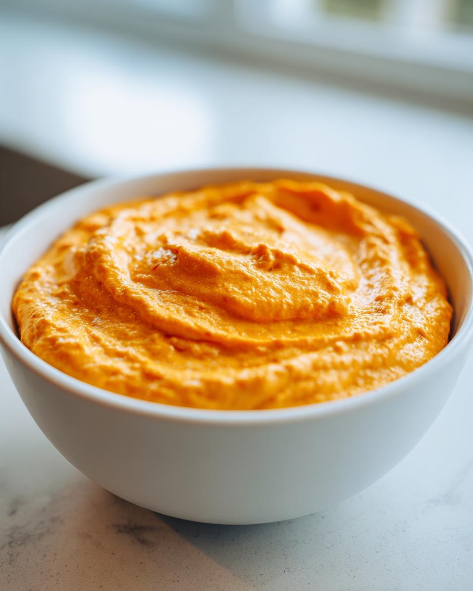 Close-up of a thick, vibrant orange beer cheese dip swirled in a white serving bowl.