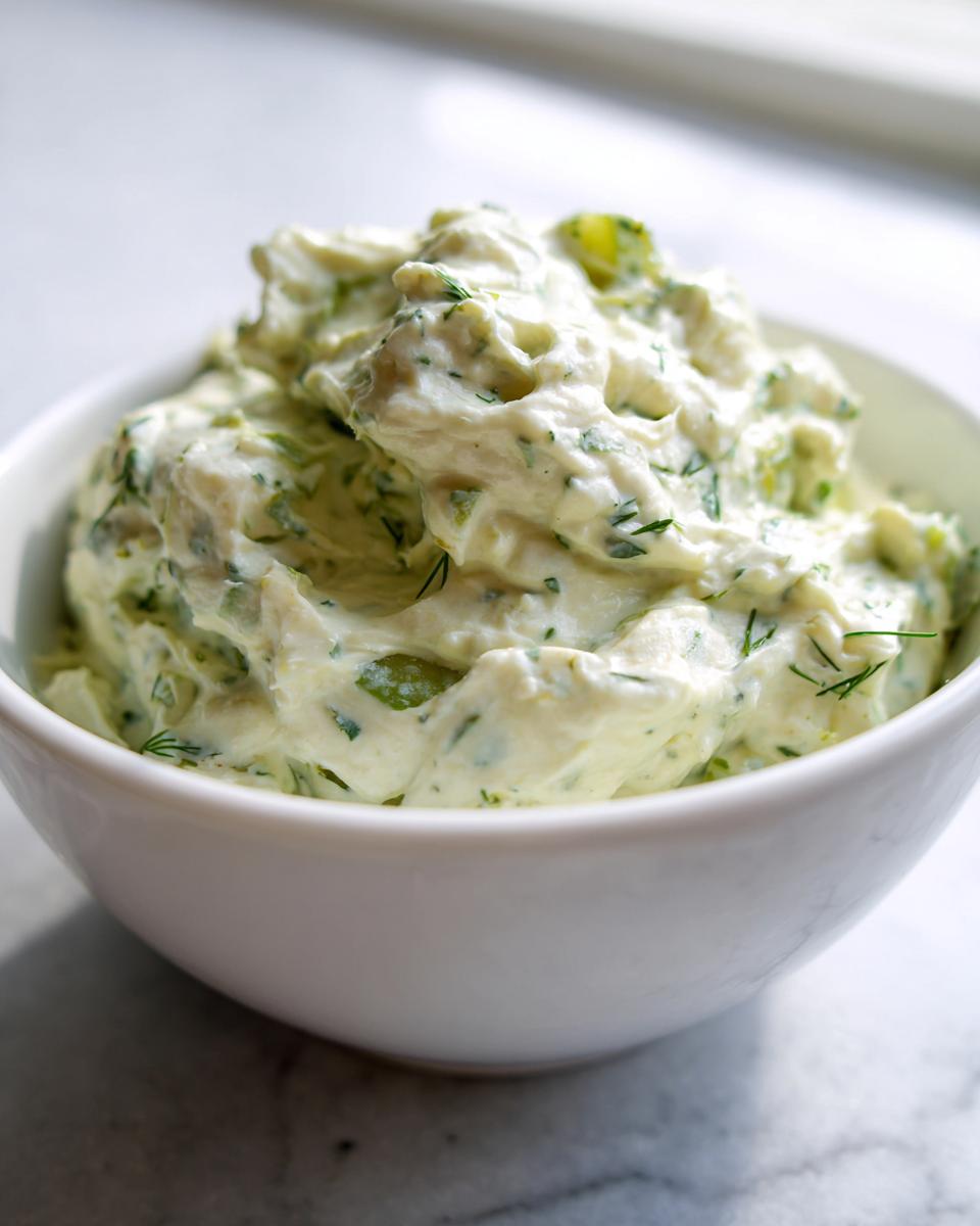 Close-up of creamy, pale green pickle dip mixed with dill and chopped pickles in a white serving bowl.
