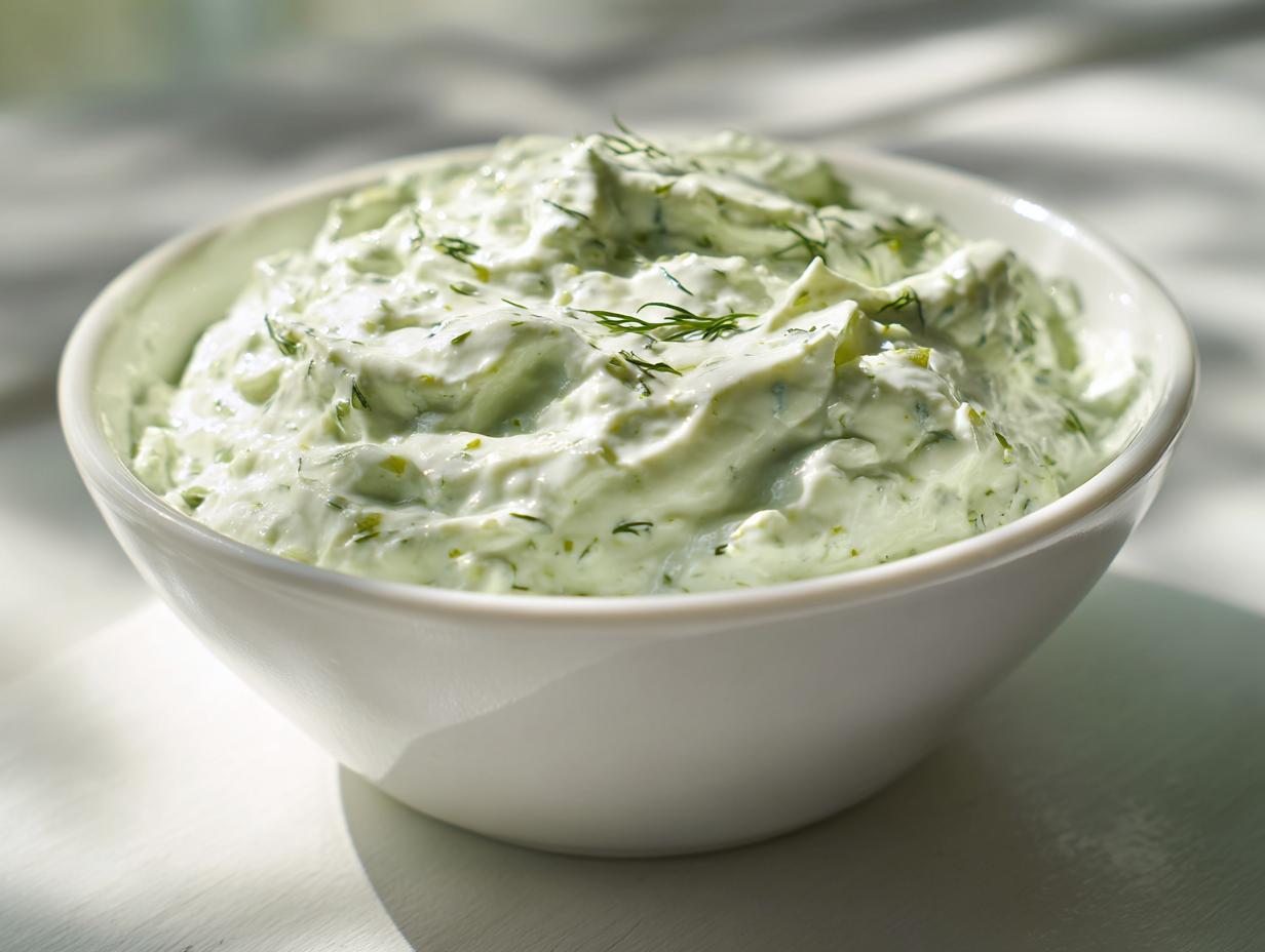 A close-up of a creamy, light green pickle dip garnished with fresh dill in a white bowl.