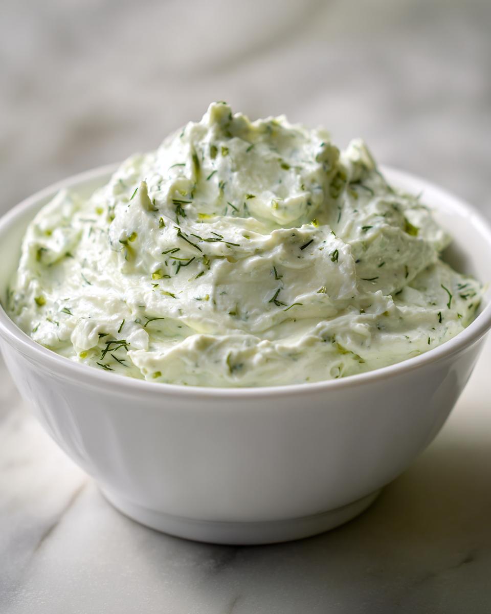 Close-up of creamy, light green pickle dip mixed with fresh dill, served in a white bowl.
