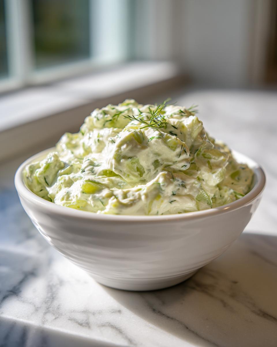 A close-up of creamy pickle dip, full of chopped pickles and topped with fresh dill, served in a white bowl.