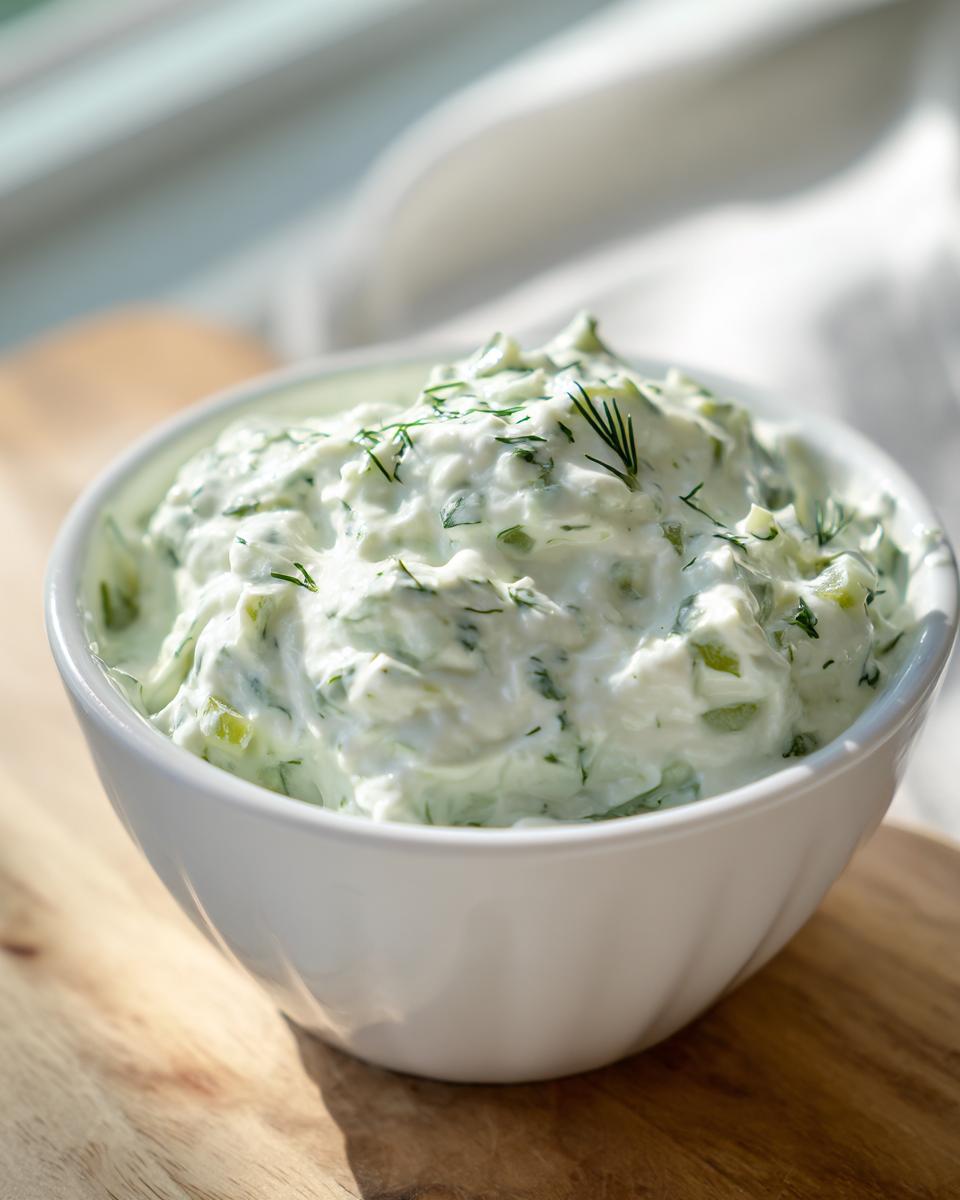 Close-up of creamy, chunky pickle dip topped with fresh dill in a white bowl.