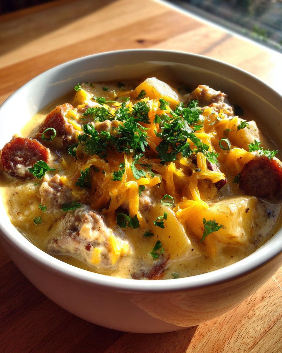 Close-up of a creamy potato and sausage chowder topped with shredded cheddar cheese and fresh parsley.