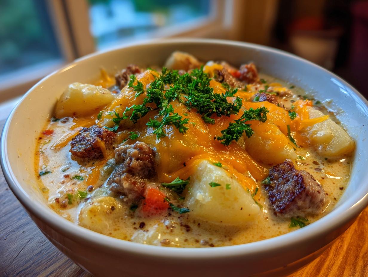 Close-up of a creamy potato and sausage chowder topped with melted cheddar cheese and fresh parsley.