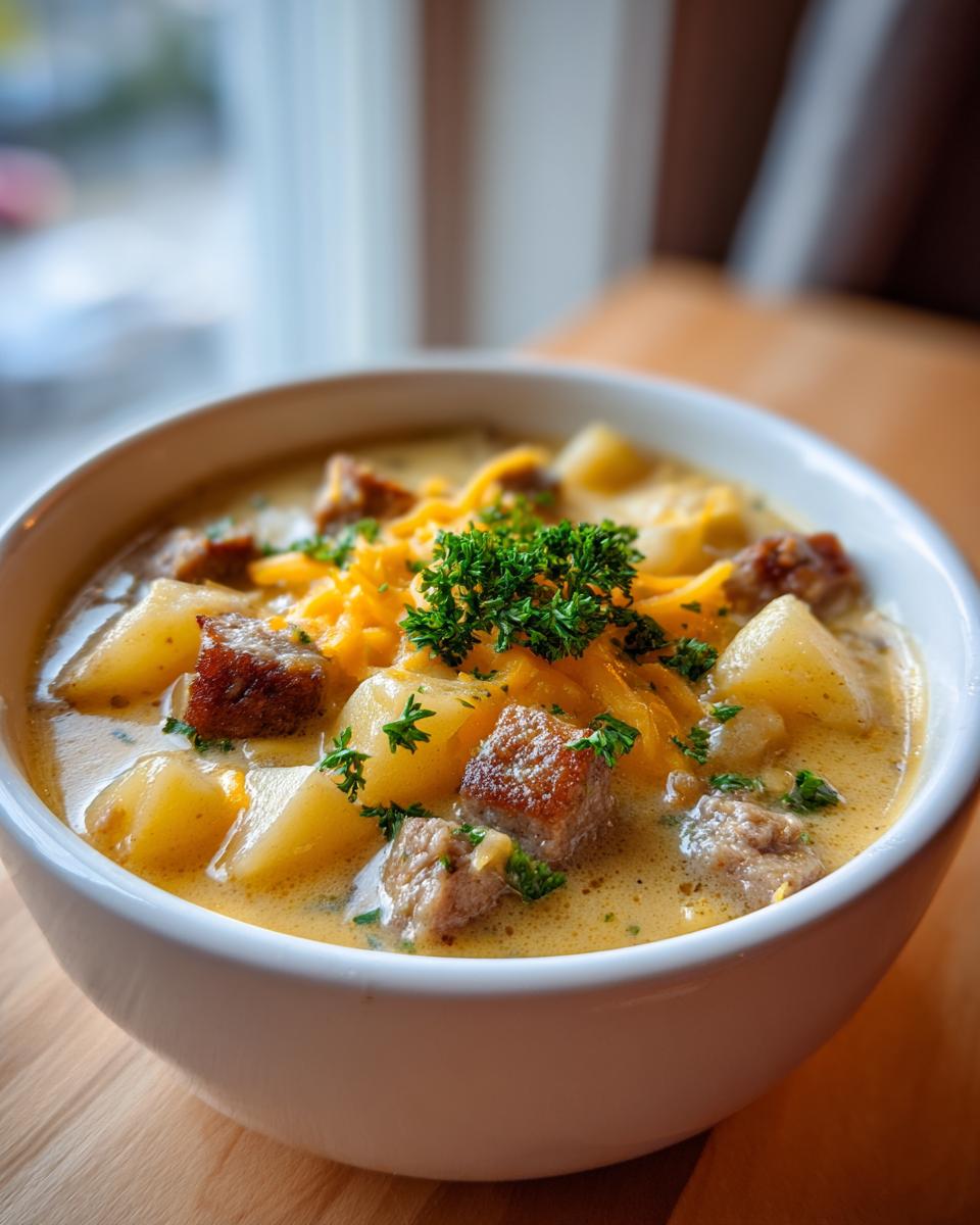 Close-up of a creamy potato and sausage chowder topped with shredded cheddar cheese and fresh parsley.