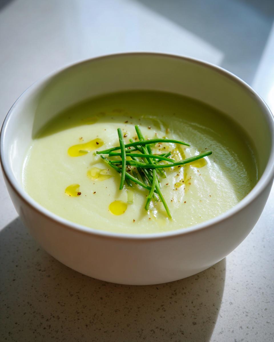A close-up of creamy potato leek soup in a white bowl, drizzled with olive oil and topped with fresh chives.