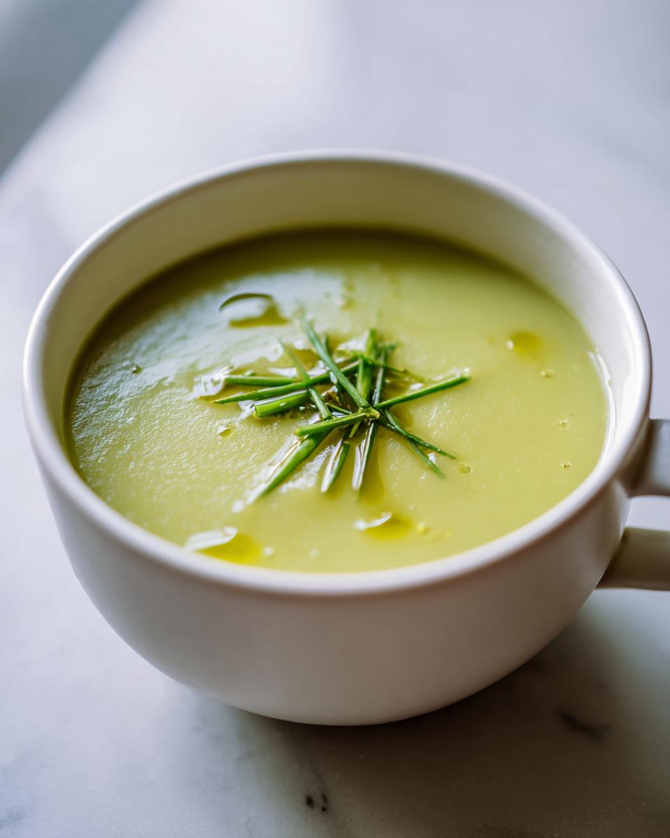Close-up of a creamy, light green potato leek soup garnished with chives and olive oil drops.
