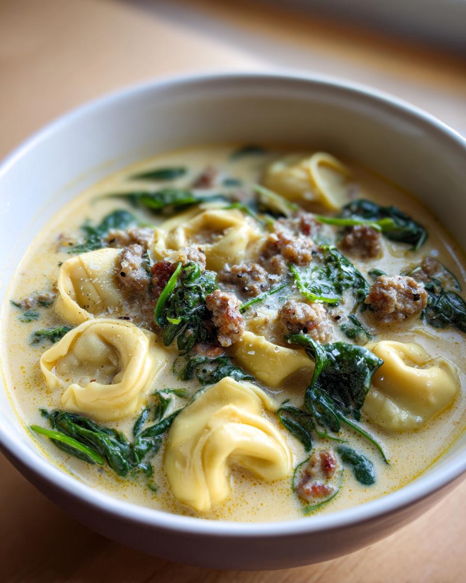 Close-up of a hearty bowl of creamy tortellini soup featuring cheese tortellini, crumbled sausage, and wilted spinach.