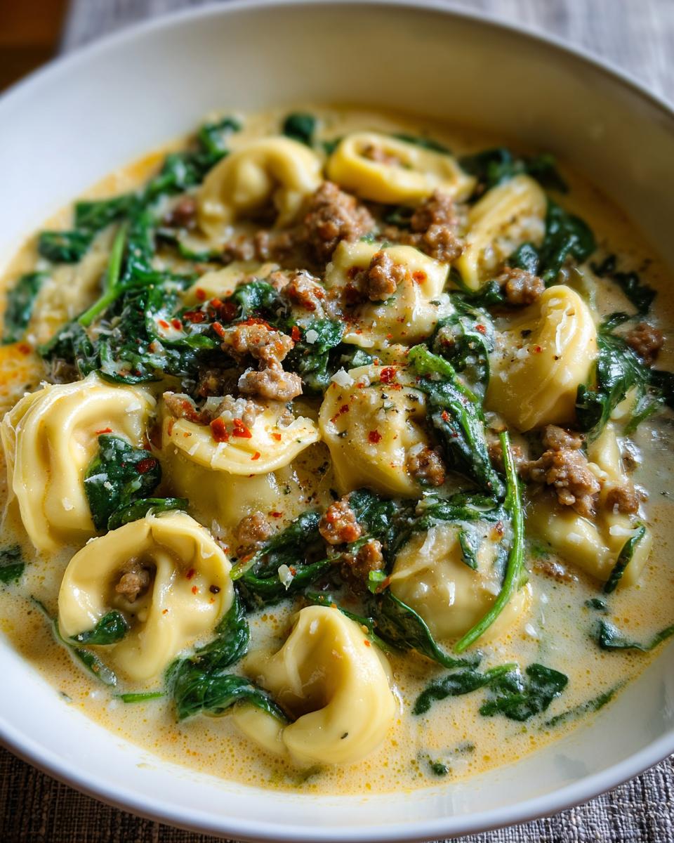 Close-up of a bowl of creamy tortellini soup featuring cheese tortellini, crumbled sausage, and wilted spinach.
