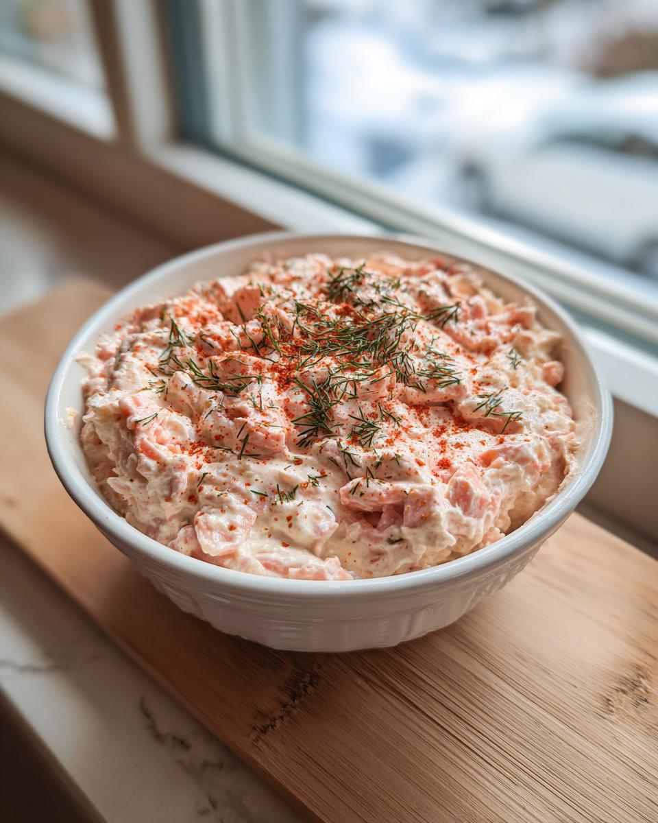 A white bowl filled with creamy smoked salmon dip, topped with fresh dill and paprika, sitting by a bright window.