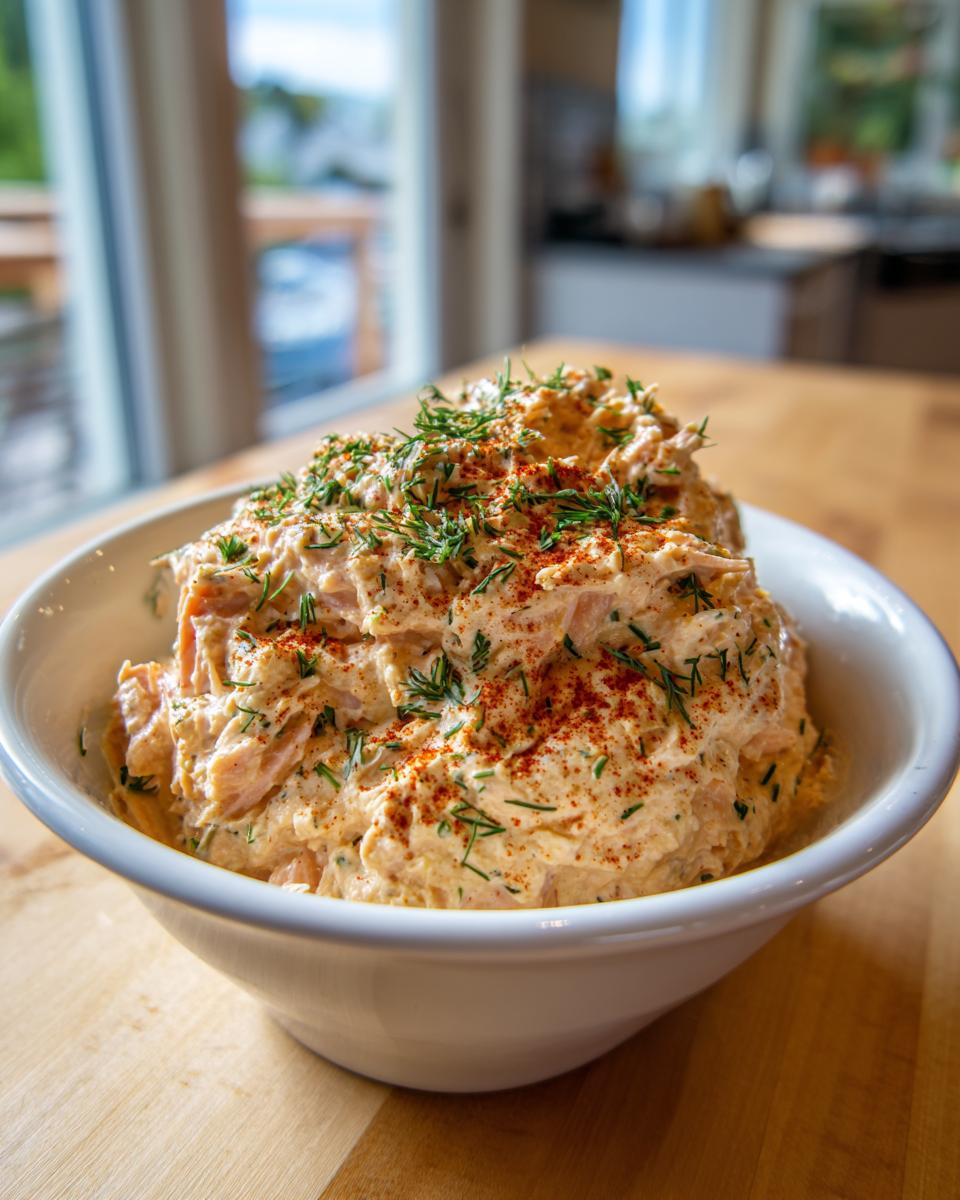 A white bowl filled with creamy smoked salmon dip, garnished generously with fresh dill and paprika.