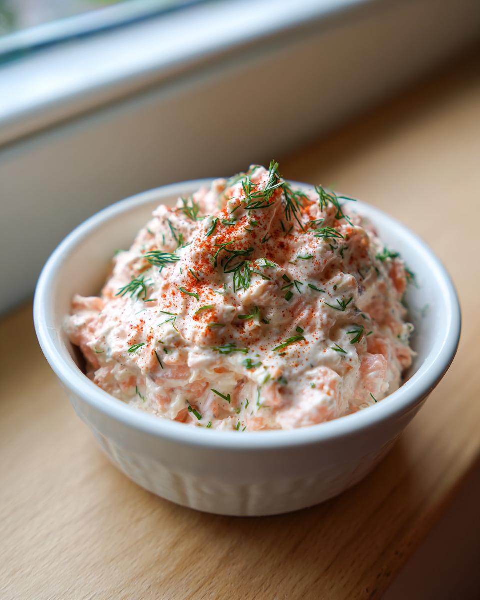 A white bowl filled with creamy smoked salmon dip, garnished with fresh dill and paprika.