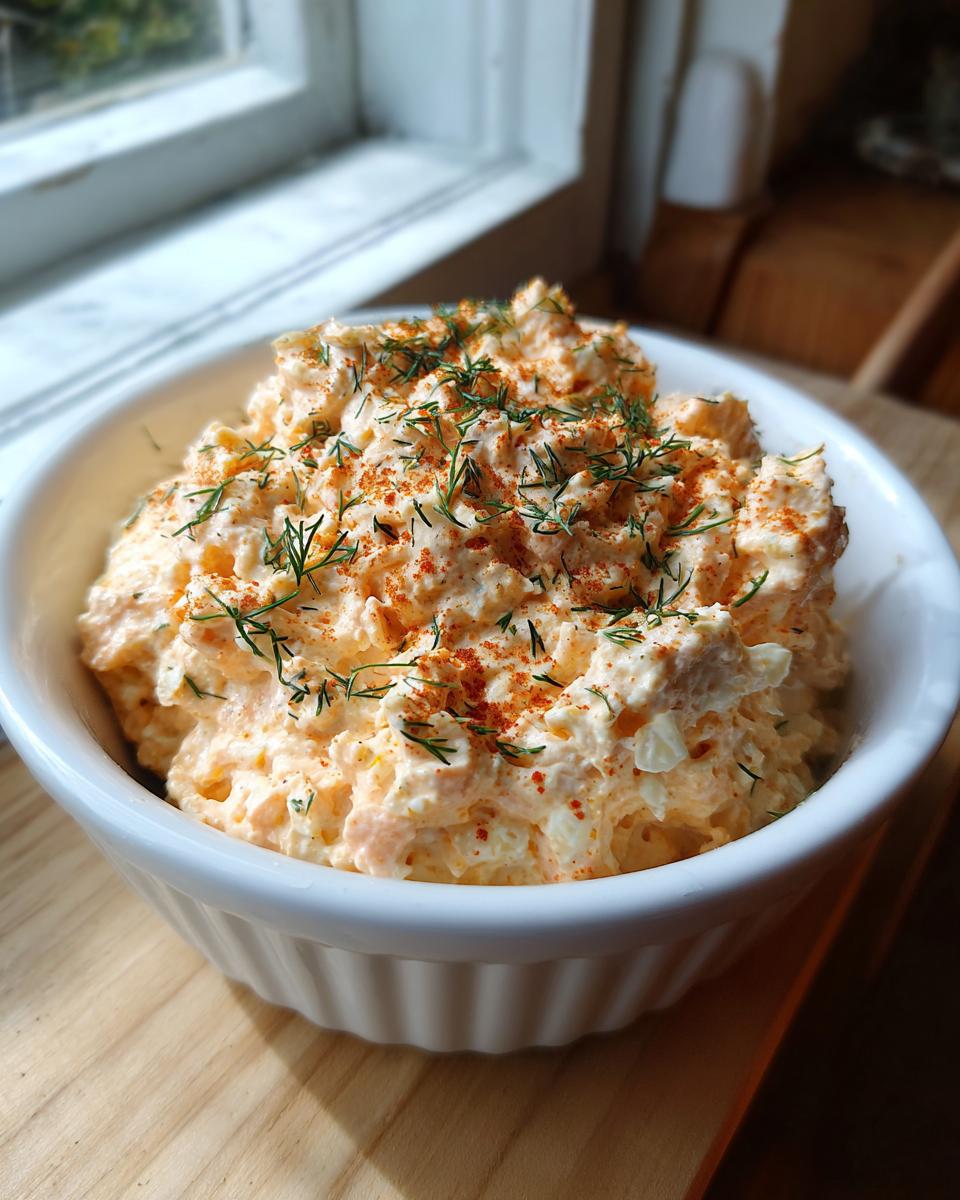 A white bowl filled with creamy smoked salmon dip, topped with fresh dill and paprika.