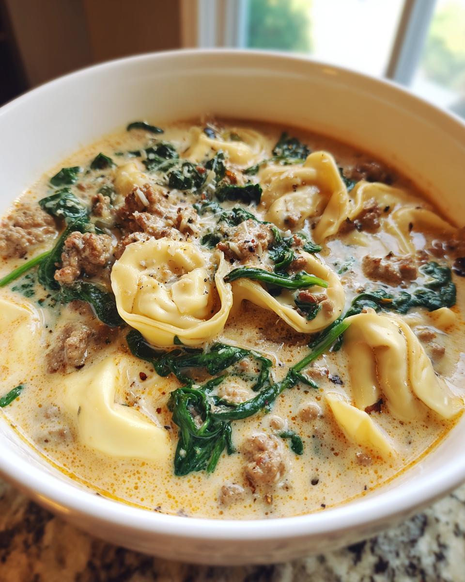 Close-up of a rich, creamy tortellini soup featuring cheese tortellini, ground sausage, and wilted spinach.